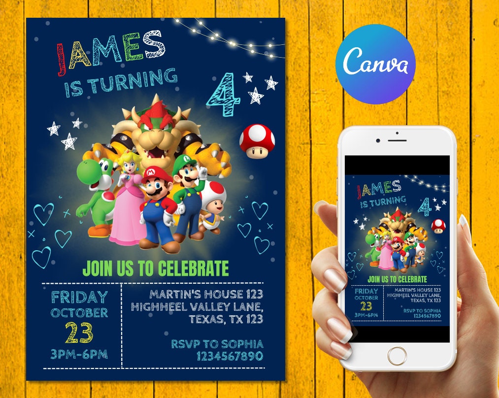 Super Mario Birthday Invitation Template Printable Party Etsy