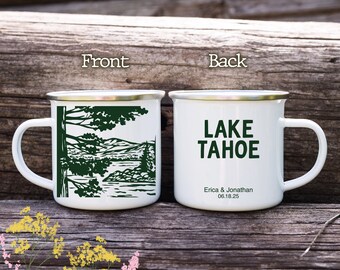 Personalized Lake Tahoe Enamel Camper Mug: Pinetree Campfire Mug
