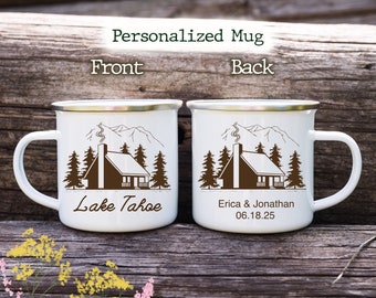 Lake Tahoe Cabin Enamel Mug: Camping Coffee Cup