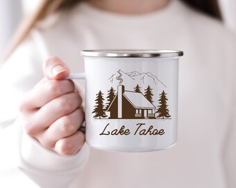 Lake Tahoe Cabin Enamel Mug: Camping Coffee Cup