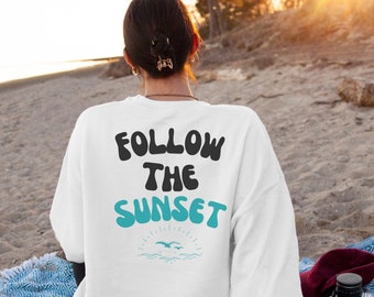 Pull Follow The Sunset, Pullover, Sweat-shirt Beach Sunset, Sweat-shirt ras du cou unisexe en mélange épais