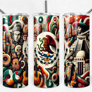 Mexican Escudo Flag Skinny Tumbler 20oz & 30oz – Cultural Mexican Art – Insulated Stainless Steel Cup – Mexican Heritage Gift – Viva México
