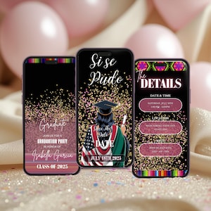 Mexicaans-Amerikaanse sjabloon uitnodiging afstuderen - Fiesta thema digitale download - aanpasbare canva - petjurk in Quinceañera-stijl
