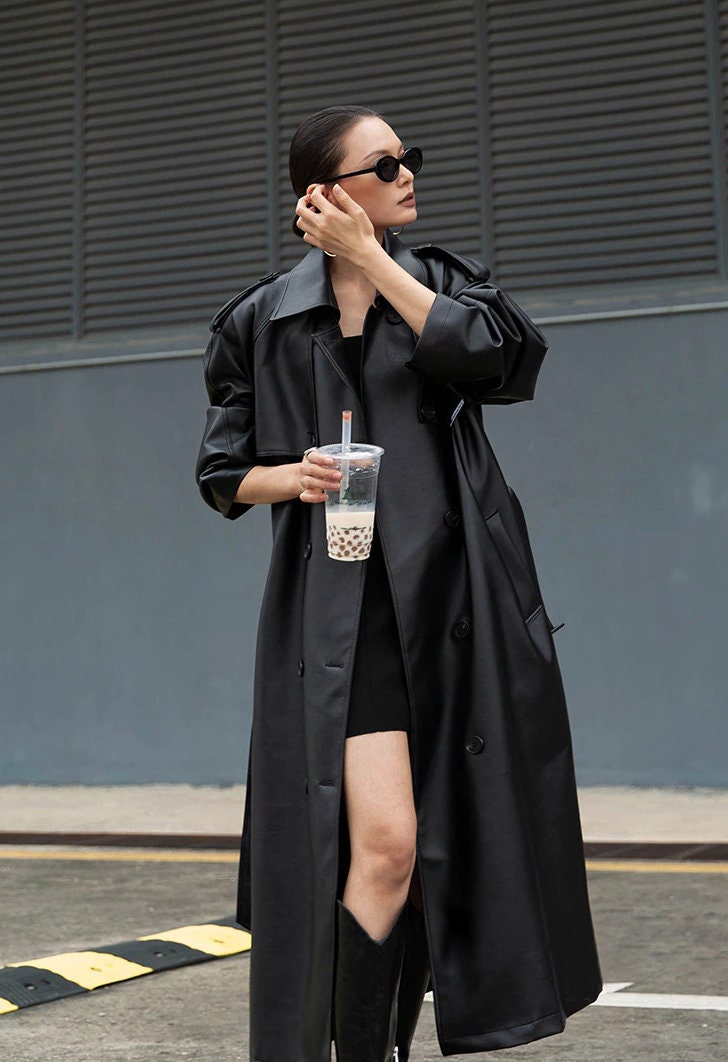 Long black faux leather trench coat Clearance