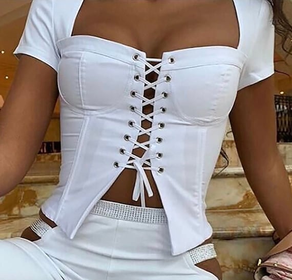 Lace up Corset Top Square Collar Neck Top Front Tie Blouse White Corset Top,  Victorian, Crop Top Shirt 