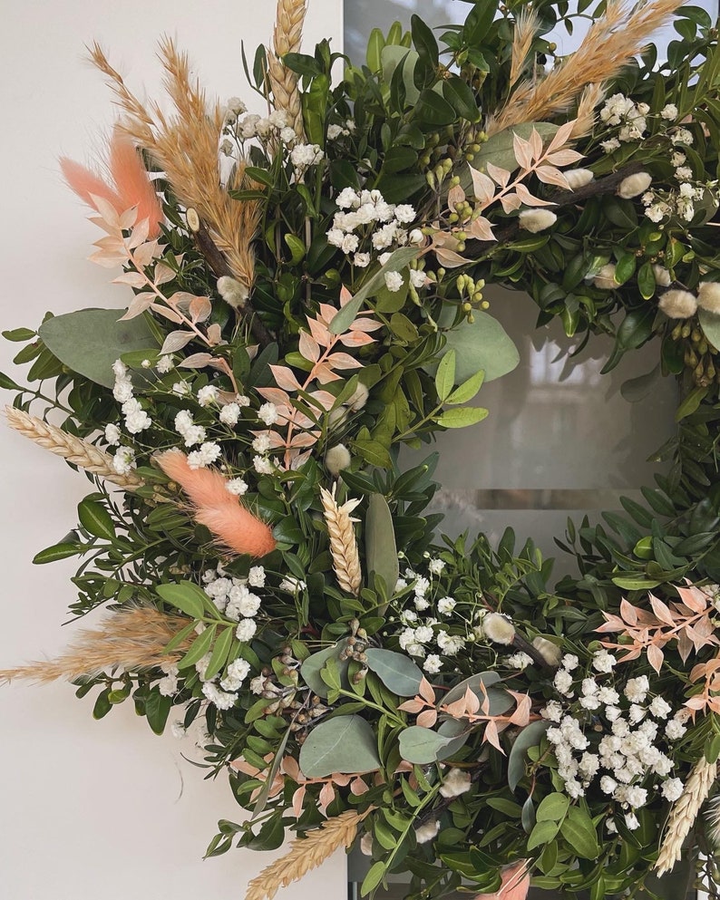 Kranz Türkranz Naturkranz Frühling Muttertag Frühlingskranz Trockenblumenkranz Türkranz Frischer Eukalyptus Schleierkraut Ostern Weihnachtskr Pfirsich