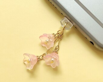 Dangle Pink Flower Dust Plug, Lily Of The Valley Phone Charm, Switch/AirPods Charm, iPad Char, Earphone Rubber Jack Dust Plug