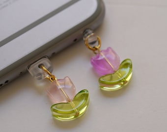 Cute Tulip Phone Charm, Kawaii Flower Dust Plug, Pink/Blue/Purple/Yellow/Red Tulip Earphone Rubber Jack Dust Plug, iPhone/Android/Type C