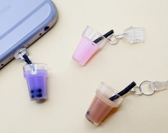 Süßer Boba Anhänger, Kawaii Milk Tea Dust Plug, Eiskaffee Schlüsselanhänger, Pink Drink, Taro Drink, iPhone/Android/Typ C