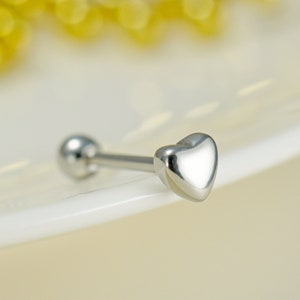 14G Silver 3D Heart Tongue Ring For Tongue Piercing, Surgical Steel Heart Tongue Jewelry, 12mm/14mm/16mm Tongue Barbell