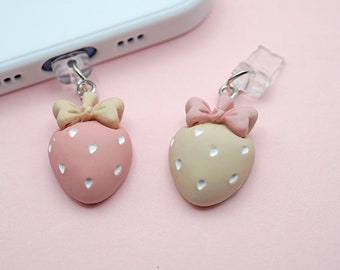 Bowknot Strawberry Phone Charm, Cute Pink Strawberry Dust Plug, Mobile Earphone Rubber Jack Dust Plug, iPhone/Switch/Kindle Charm, Cute Gift