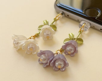 Purple/White Flower and Green Leaf Phone Charm, Lily Of The Valley Dust Plug, Mobile Earphone Rubber Jack Dust Plug, AirPods/ Switch Charm