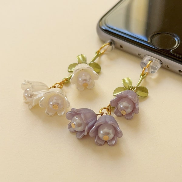 Purple/White Flower and Green Leaf Phone Charm, Lily Of The Valley Dust Plug, Mobile Earphone Rubber Jack Dust Plug, AirPods/ Switch Charm