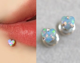 16G Heart Opal Lip Stud, Pink/Purple/Blue Heart Opal Labret Ring For Lip Piercing, Snake Bites Lip Stud, Lip Jewelry 6mm/8mm/10mm/12mm Bar