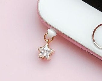 Star Clear CZ Phone Dust Plug, Cute Star Phone Charm, Kawaii Gold Dust Plug, Mobile Earphone Rubber Jack Dust Plug, iPhone/Android/Type C