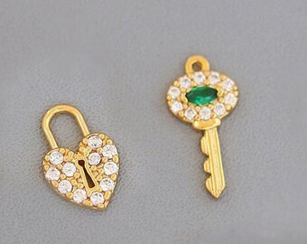 18K Gold Filled Pendant for Earring/Necklace/Bracelet, Emerald/Green Cubic Zirconia Key/Heart Lock Craft Accessories