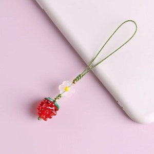 Red/Green Glass Raspberry Phone Lanyard, Kawaii Braided Strawberry Mobile Phone Lanyard, Cute Fruit Charm, Fruit Key Chain, Bag Charm