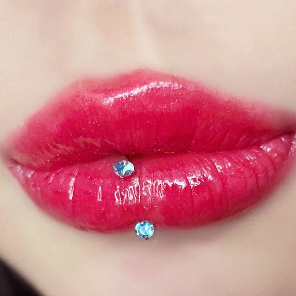 16G Double CZ Stones Horseshoe Lip Hoop, Pink/Purple/Blue/Blue/White CZ Stone Lip Ring For Lip Piercing, Crystal Labret Ring