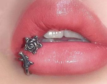 16G Silver and Black Rose Lip Hoop, Flower Horseshoe Labret ring, Surgical Steel Lip Ring For Lip Piercing