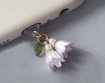Cute Purple Lily Of The Valley Phone Charm, Flower and Green Leaf Dust Plug, Mobile Earphone Rubber Jack Dust Plug, iPhone/Android/Type C