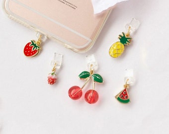 Cute Fruits Phone Charm, Kawaii Strawberry/Pineapple/Cherry/Watermelon Dust Plug, Mobile Earphone Rubber Jack Plug, iPhone/Android/Type C