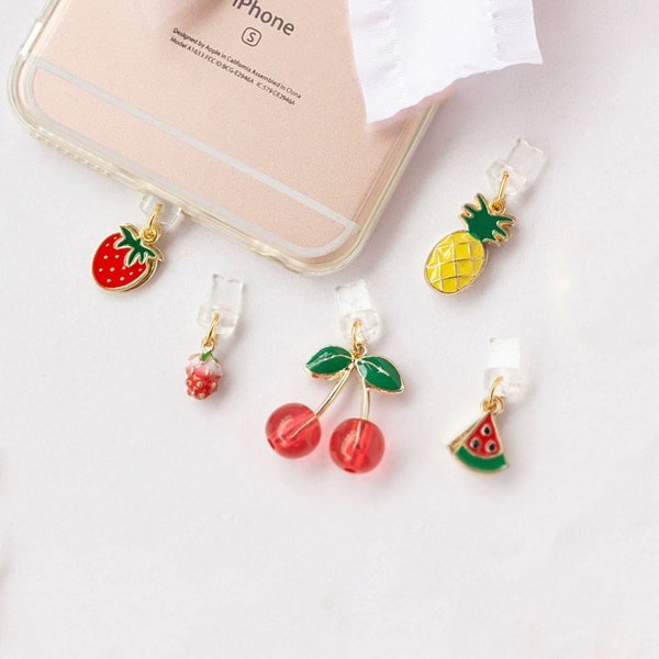 Cute Fruits Phone Charm, Kawaii Strawberry/Pineapple/Cherry/Watermelon Dust Plug, Mobile Earphone Rubber Jack Plug, iPhone/Android/Type C