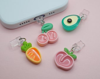 Cute Fruit/Vegetable Dust Plug, Cute Phone Charm, Cherry Peach Mobile Earphone Rubber Jack Dust Plug, iPhone/Switch/Kindle Charm, Cute Gift