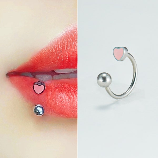 16G Heart Horseshoe Lip Hoop, Pink/Red/Black Heart and Ball Lip Ring For Lip Piercing, Snake Bites Piercing