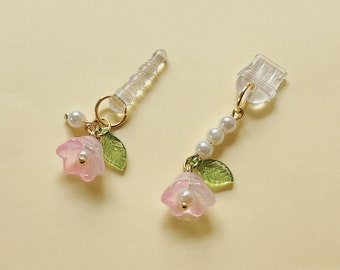 Pink Flower and Green Leaf Charm, Lily Of The Valley Phone Charm With Pearl, Flower and Green Leaf Dust Plug, Earphone Rubber Jack Dust Plug