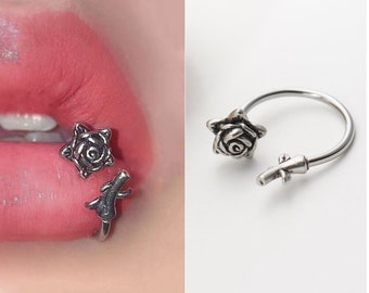 16G Silver and Black Rose Lip Hoop, Flower Horseshoe Labret ring, Surgical Steel Lip Ring For Lip Piercing