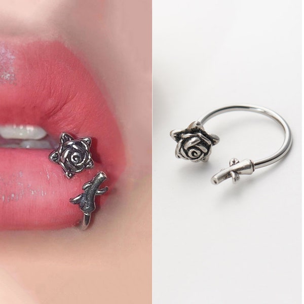 16G Silver and Black Rose Lip Hoop, Flower Horseshoe Labret ring, Surgical Steel Lip Ring For Lip Piercing