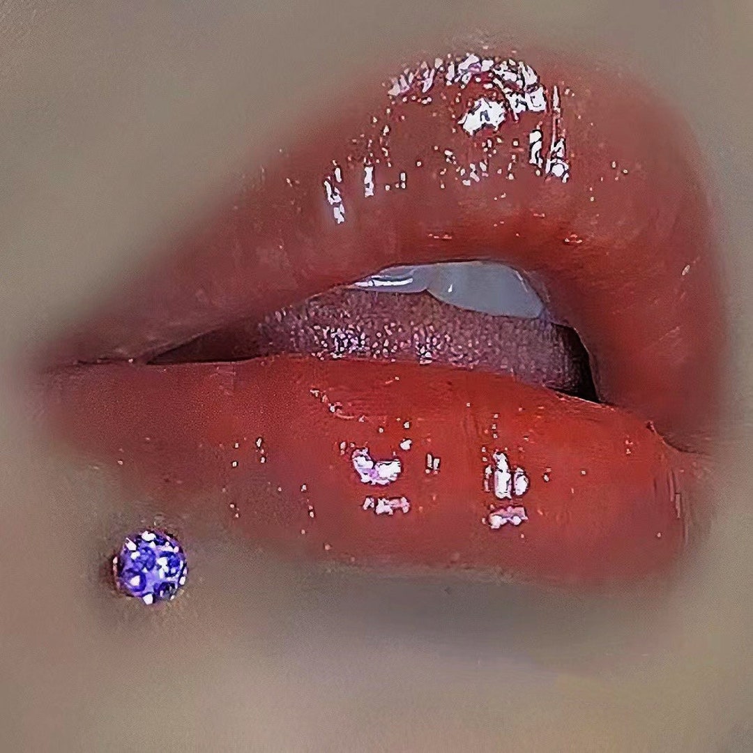 Shiny CZ Ball Lip Ring, Externally Threaded Lip Ring, Purple/pink/white