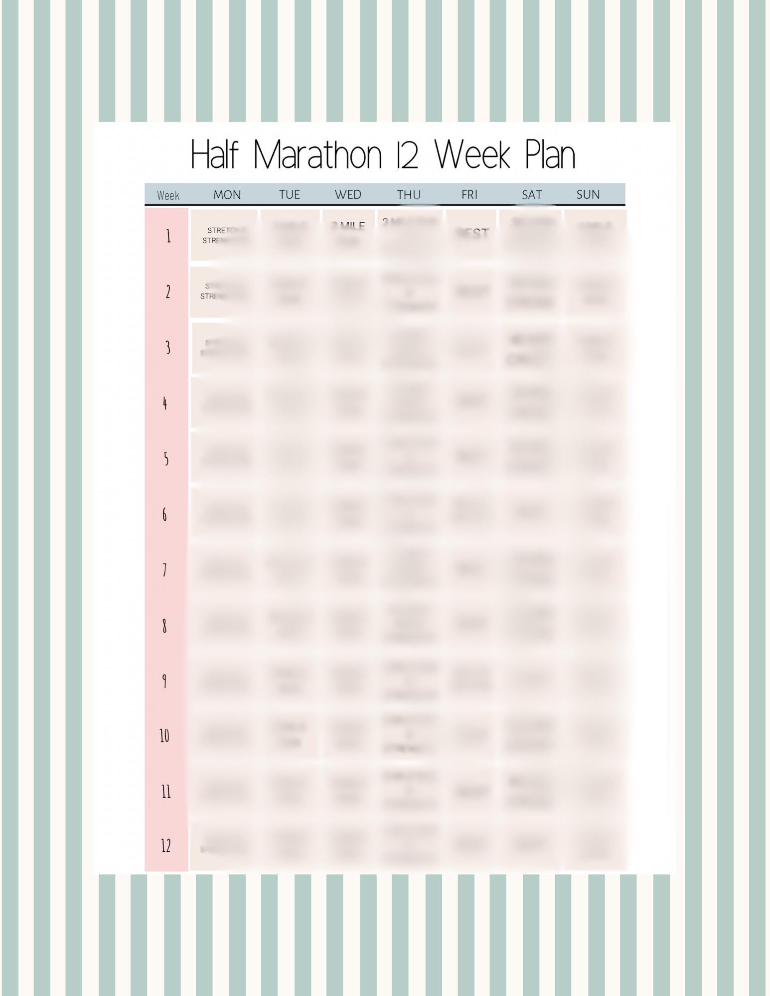 Half Marathon 12 Week Plan | Digital Printable PDF - Etsy