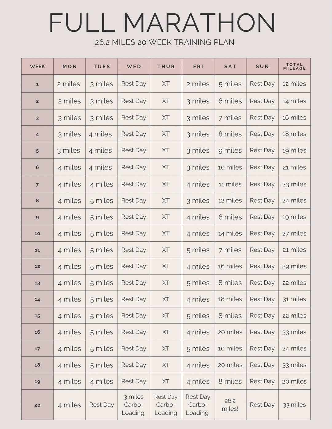 Full Marathon 20 Week Training Plan Digital Etsy