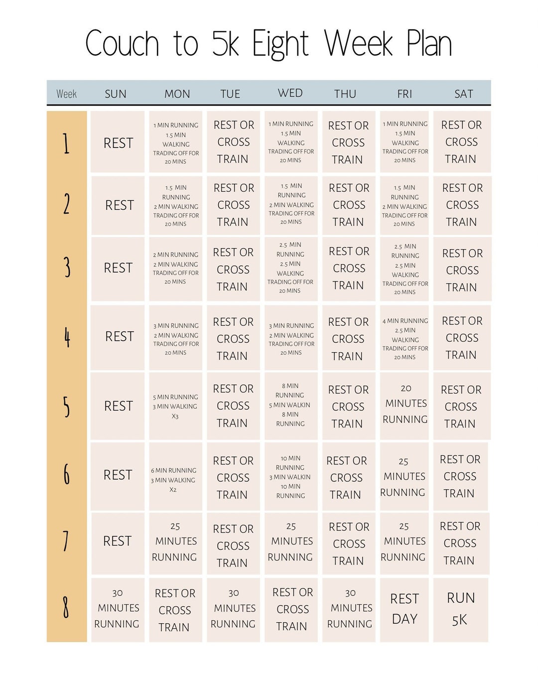 Couch to 5k 8 Week Plan Digital Prints Etsy