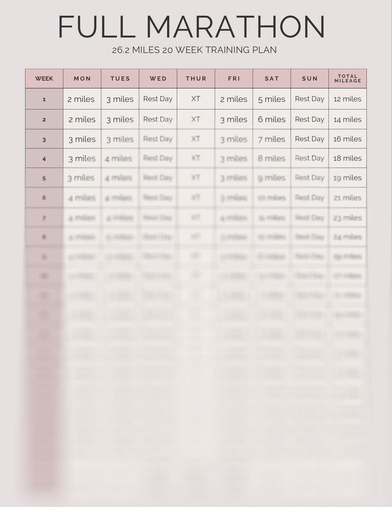 Marathon Training Plan | 20 Week Printable Running Schedule | PDF - Etsy