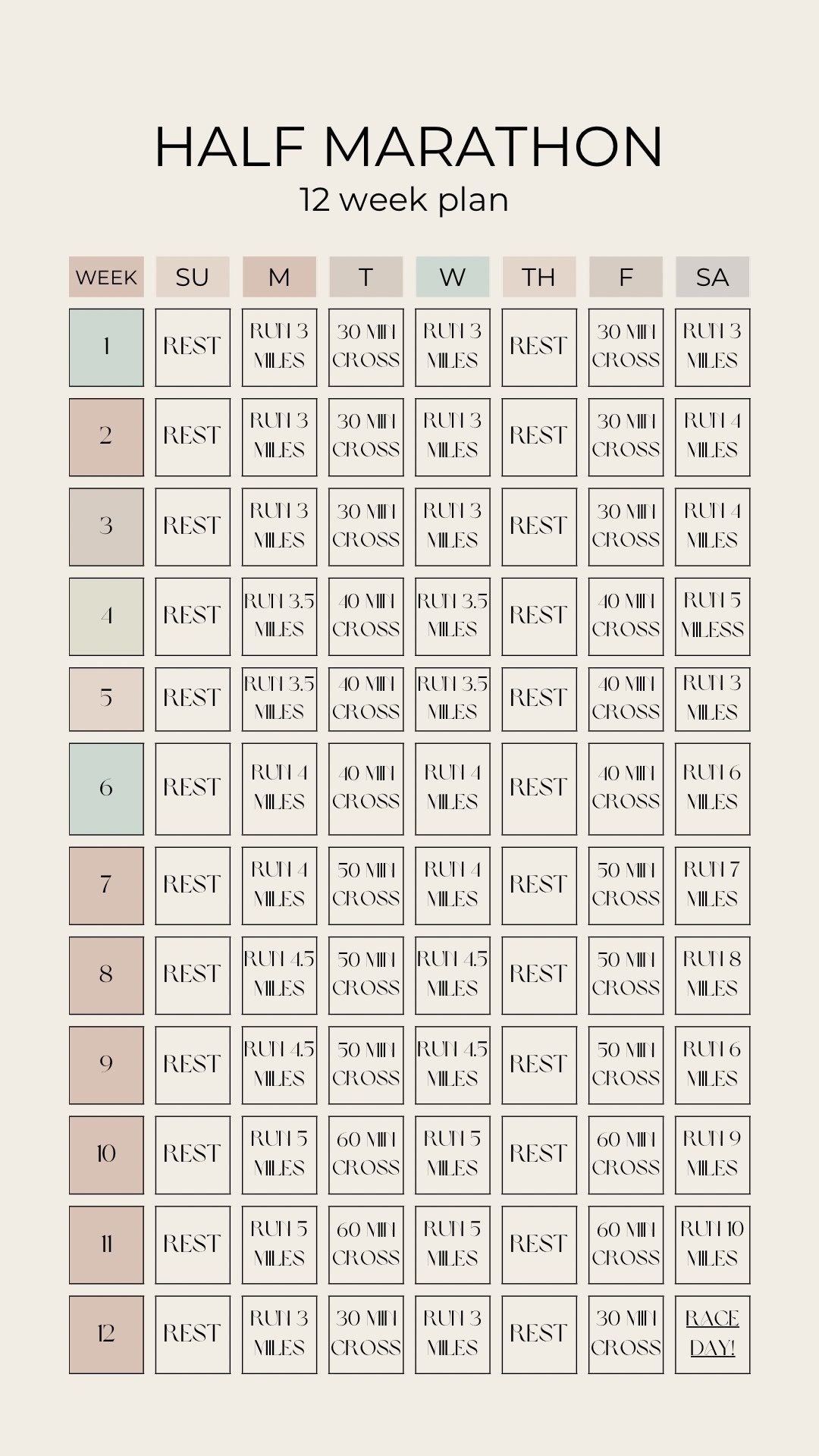 12 Week Half Marathon Training Plan Digital Etsy
