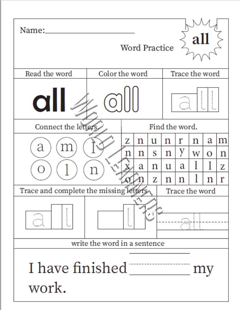 50 Printable Fry Sight Words Worksheets. Kindergarten-1st - Etsy