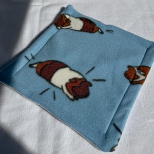 May include: A square, pale blue fleece pet bed featuring a repeating pattern of guinea pig illustrations in brown, white, and black. The bed has a stitched border, designed for small pets.