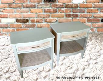 SOLD Pair of coastal//beachy nightstands//bedside tables with grass cloth accents