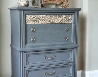 SOLD Blue coastal//beachy//beach dresser with shell and wallpaper accents