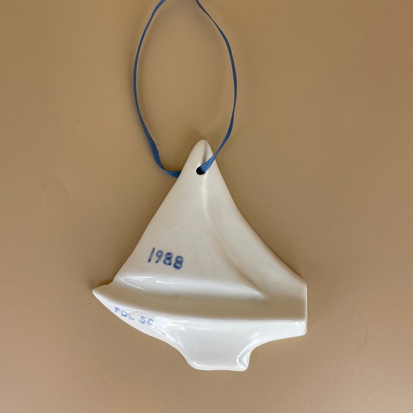 Ceramic White Glaze Sailboat Ornament 1988