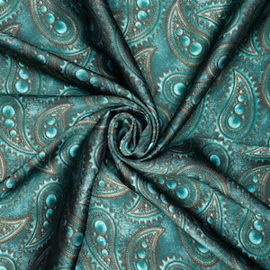 Quetzal Green  Arabian  paisley print - silky satin charmeuse fabric - sold by the yard - U S A based shipping