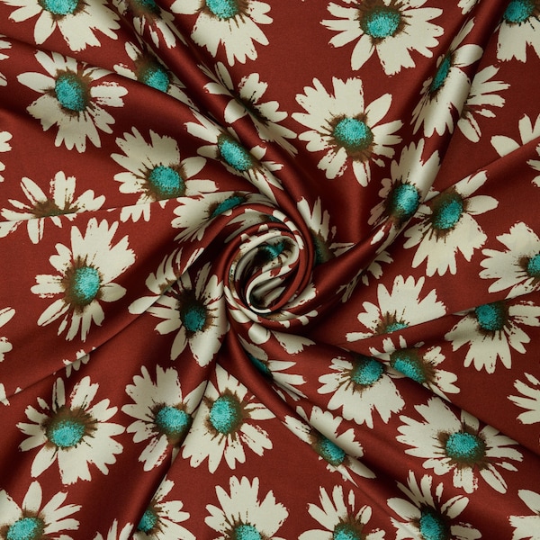 Ivory teal Daisies on burgundy   nature   print - silky charmeuse satin  fabric - sold by the yard - U S A based shipping