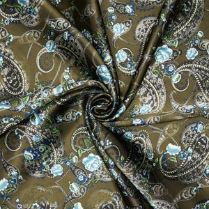 Olive green washed  paisley print - silky satin charmeuse fabric - sold by the yard - U S A based shipping