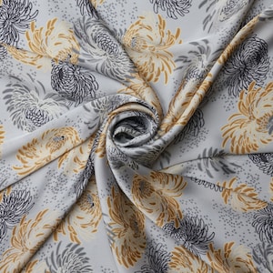 Gray mustard    Nature floral  print - silky lightweight satin  fabric - sold by the yard - U S A based shipping