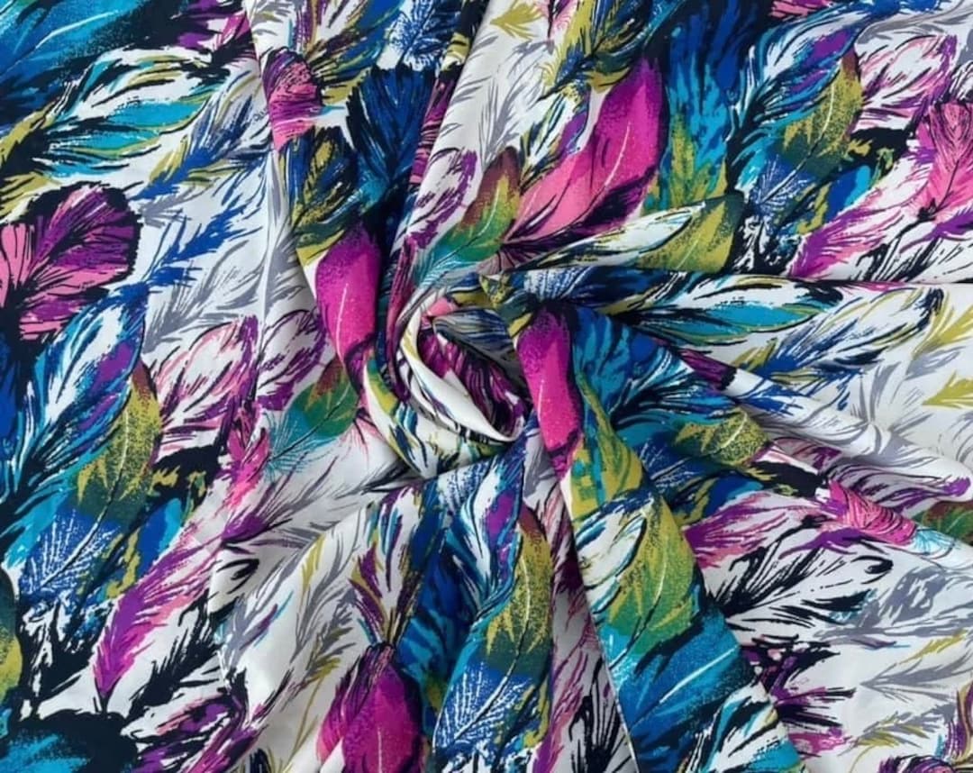 Turquoise Pink Gray Feathers Print Silky Crepe De Chine Fabric Fabric ...