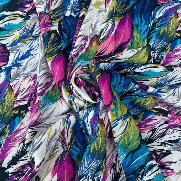 Turquoise pink gray feathers   print - silky crepe de chine fabric   fabric - sold by the yard - U S A based shipping