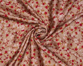 Taupe red  dainty  floral   print - silky lightweight satin  fabric - sold by the yard - U S A based shipping