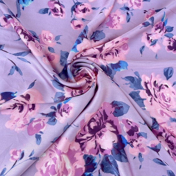 Dusty lavender purple and blue    floral   print - silky lightweight satin  fabric - sold by the yard - U S A based shipping